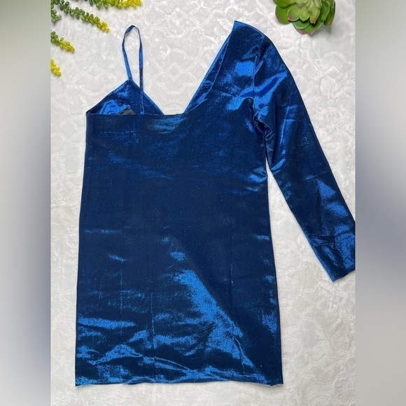 American Retro Mila Metallic Silk One Shoulder Long Sleeve Mini Dress in Blue - Picture 3 of 15